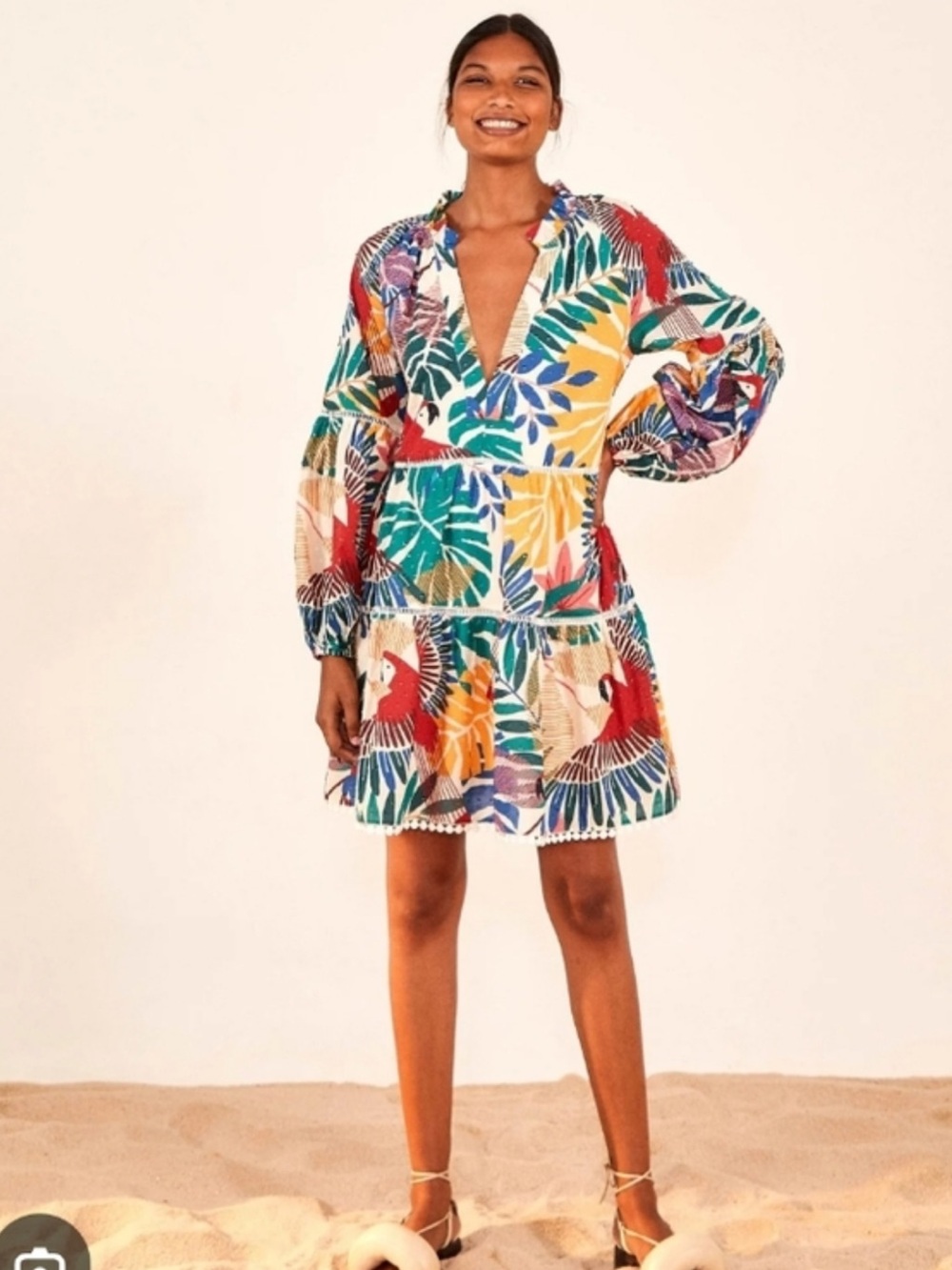 Farm Rio Off White Macaw Mini Dress. Size L. EUC.
